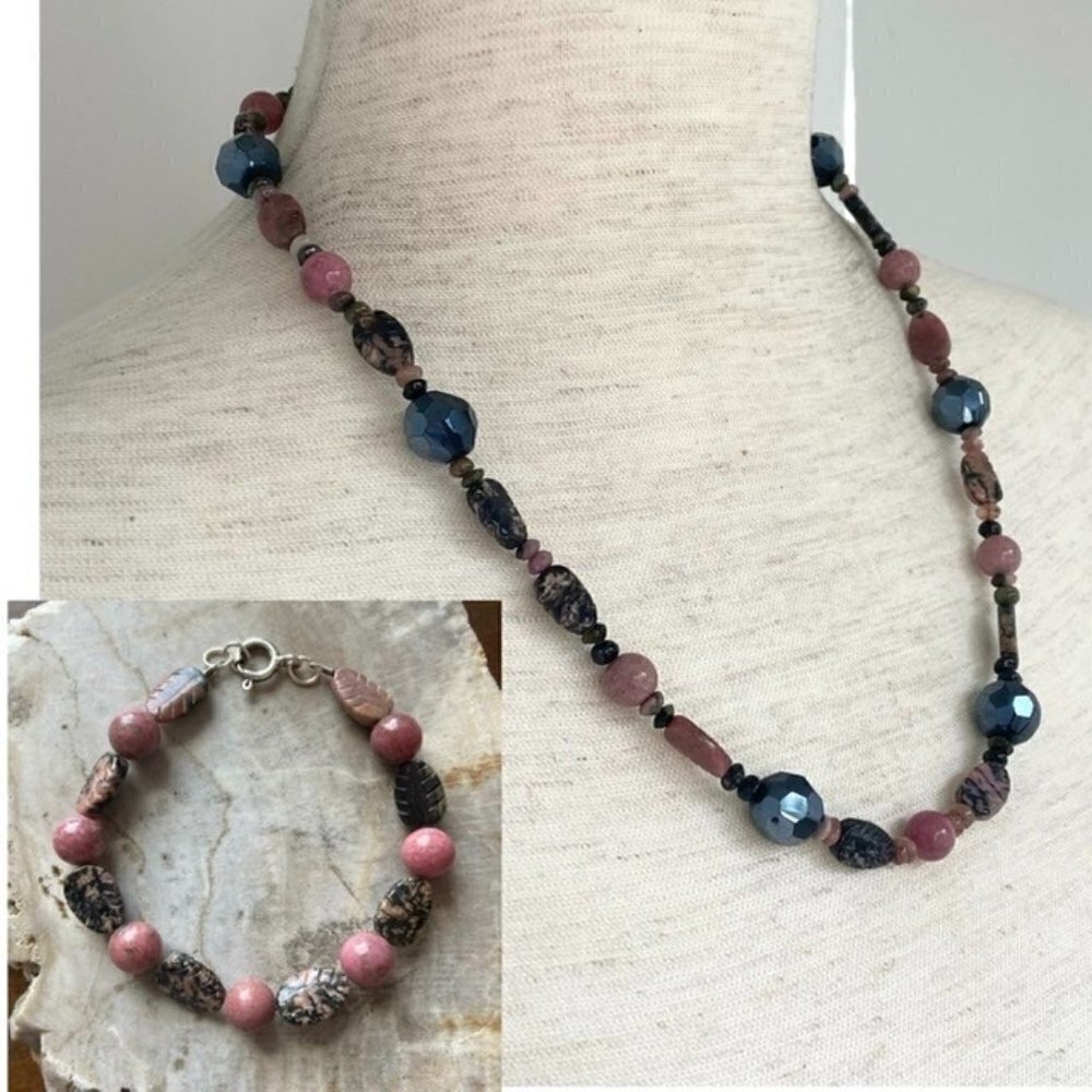 Sterling Silver 925 Beaded Rhodonite Rhodochrosite Stone Necklace & Bracelet Set